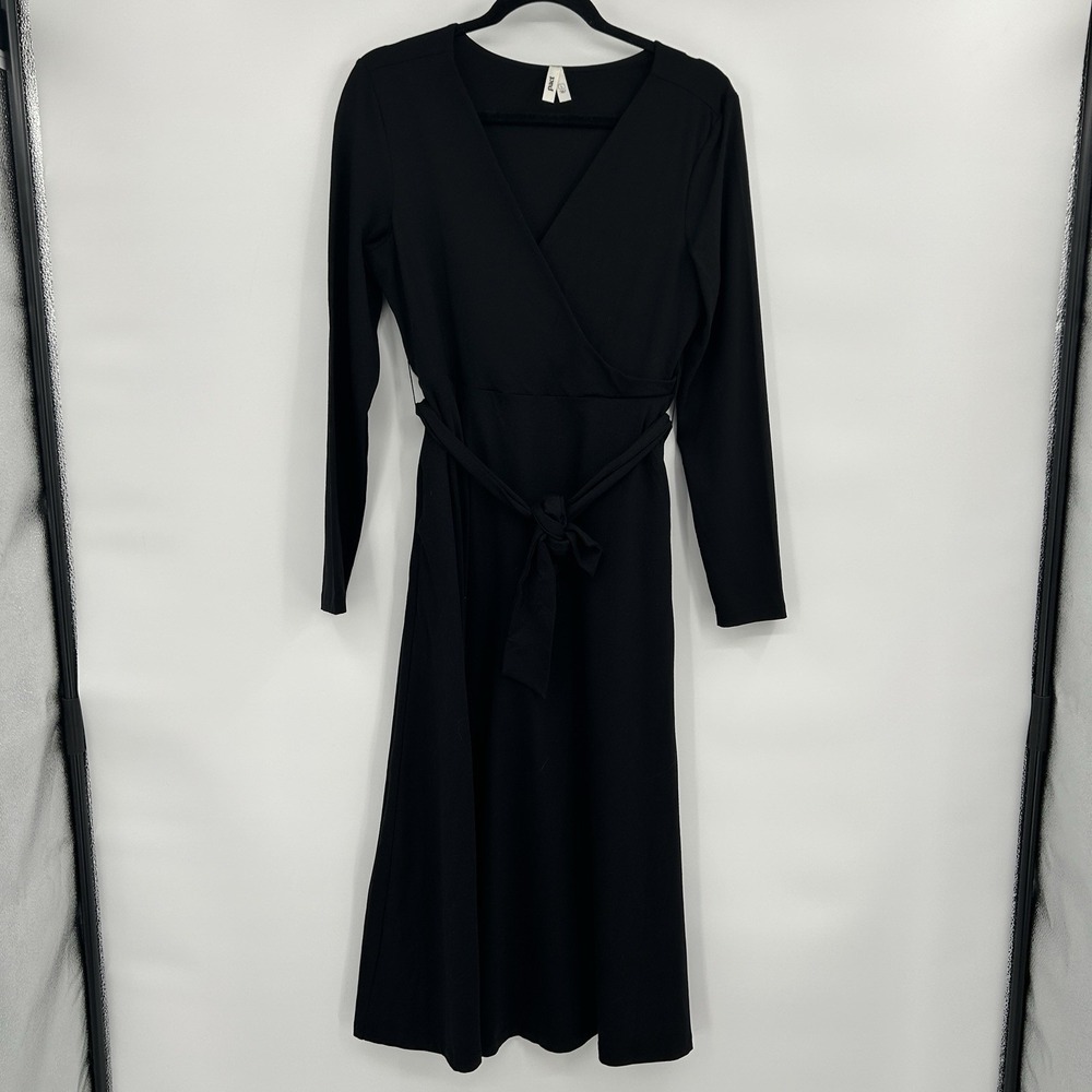 Pact Womens Organic Cotton Jersey Dress Size L Black Faux Wrap Tie Waist Minimal